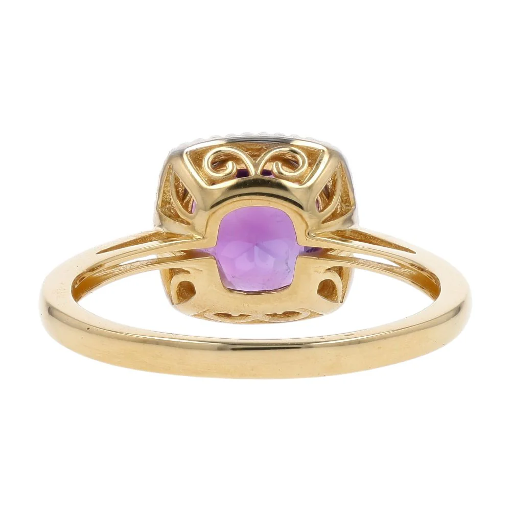 10K Gold Faceted Top Round Amethyst Center With Diamond Halo Cocktail Ring - Image 3