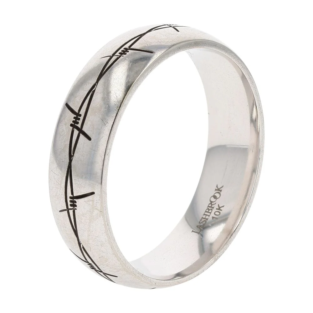 10K White Gold Barbed Wire Design On Plain Band - Image 3