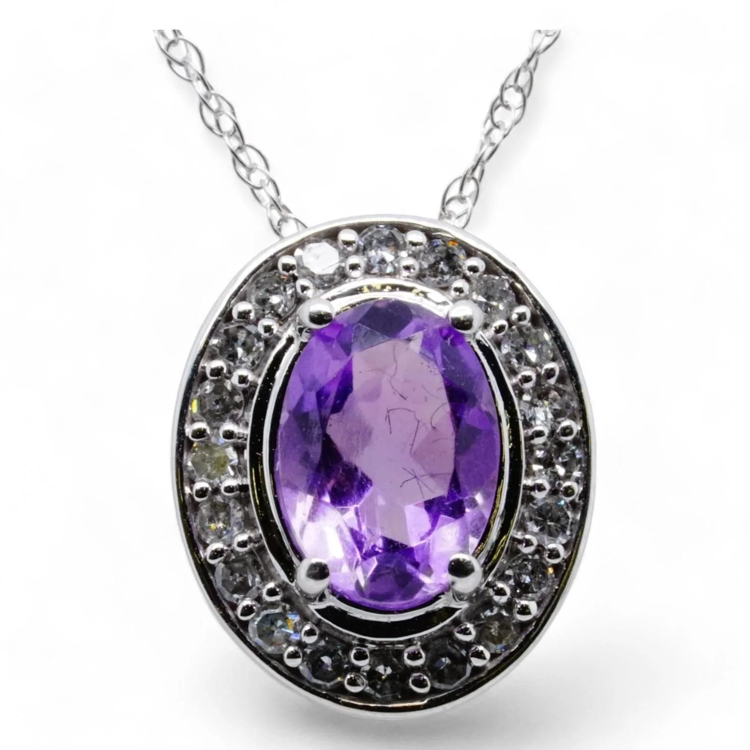 10K White Gold Oval Amethyst With Diamond Halo Pendant Necklace - Image 2