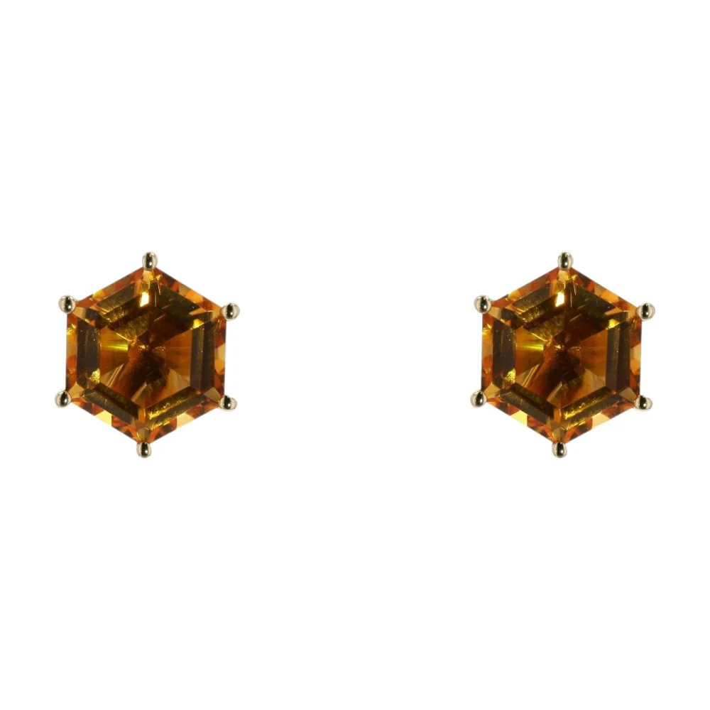 14K Gold Citrine Hexagon Cut Stud Earrings