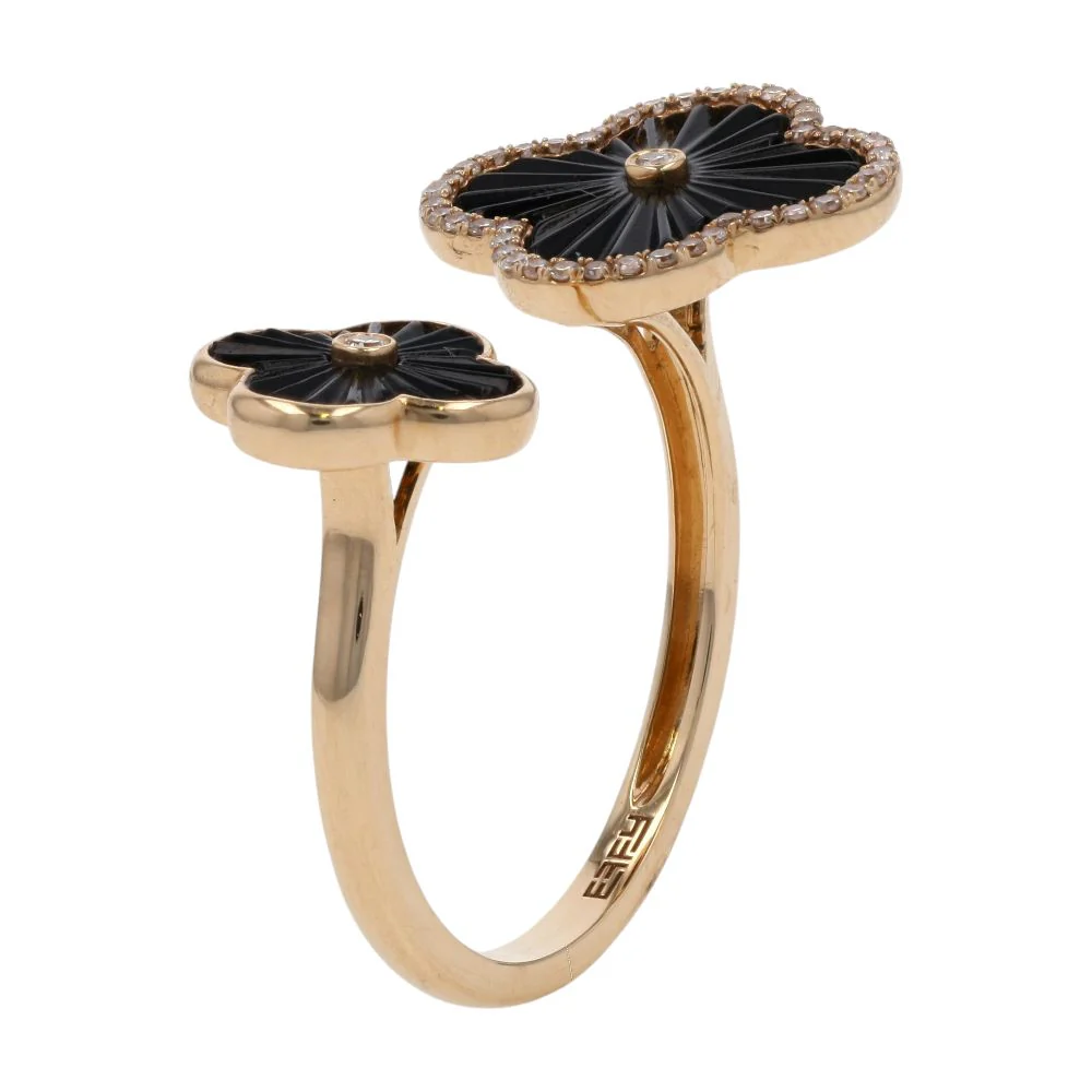 14K Gold Double Clover Onyx With Diamond Accent Open Shank Cocktail Ring - Image 5