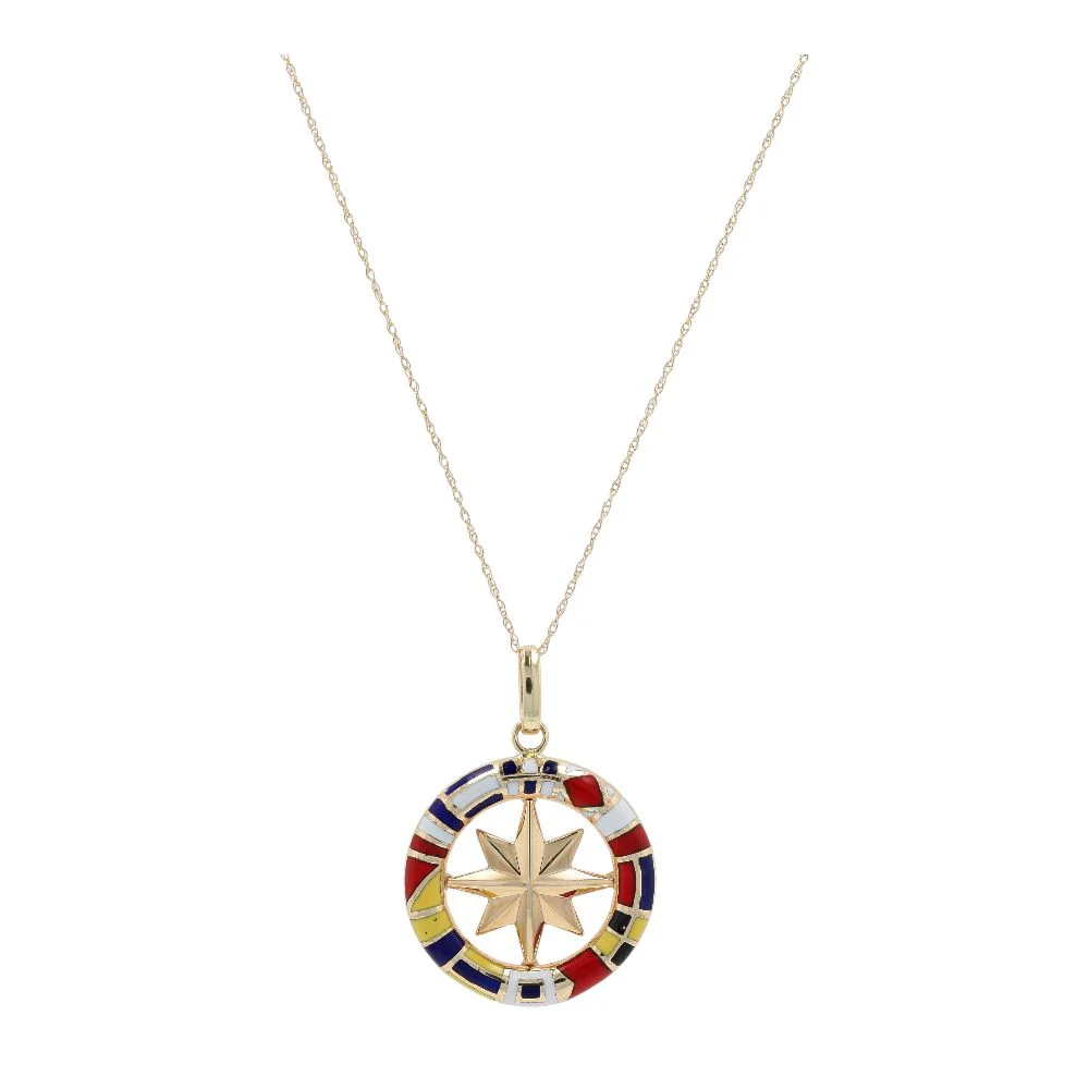 14K Gold Enamel Nautical Flag Compass Rose Pendant Necklace