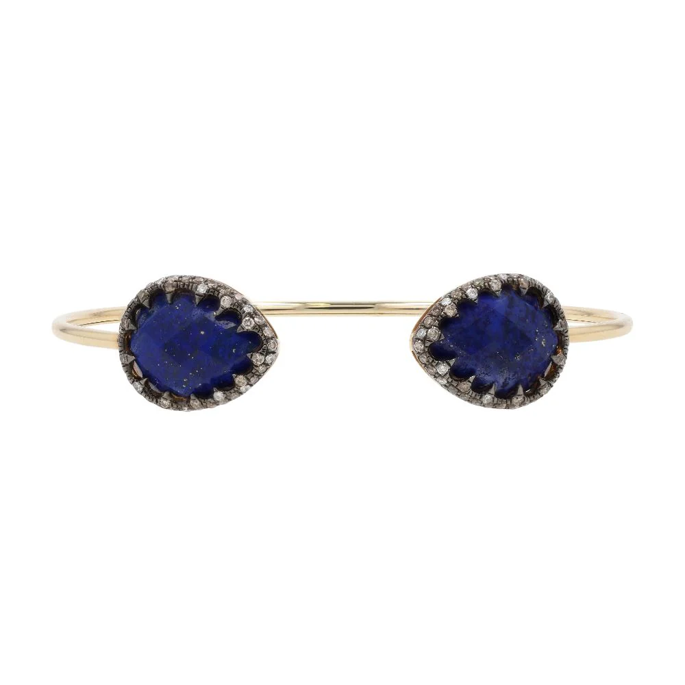 14K Gold Faceted Top Pear Shape Lapis With Diamond Claw Halo Cuff Bracelet