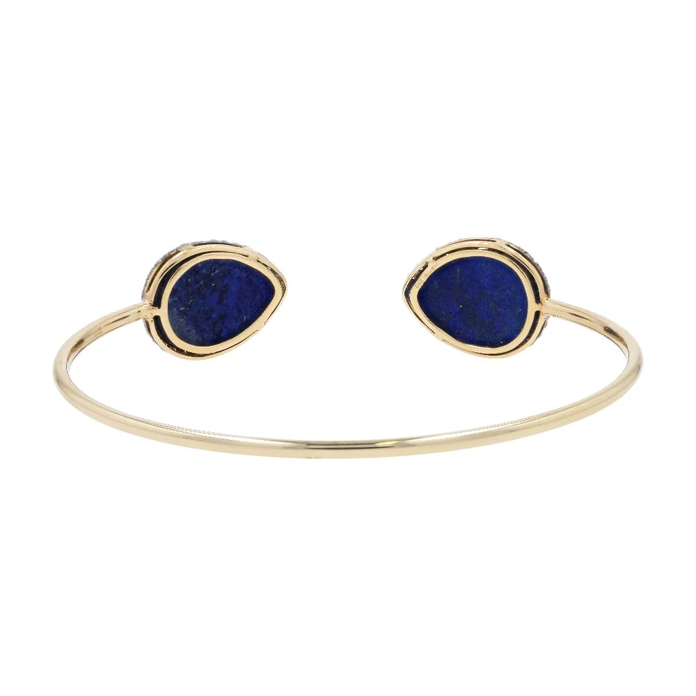 14K Gold Faceted Top Pear Shape Lapis With Diamond Claw Halo Cuff Bracelet - Image 2
