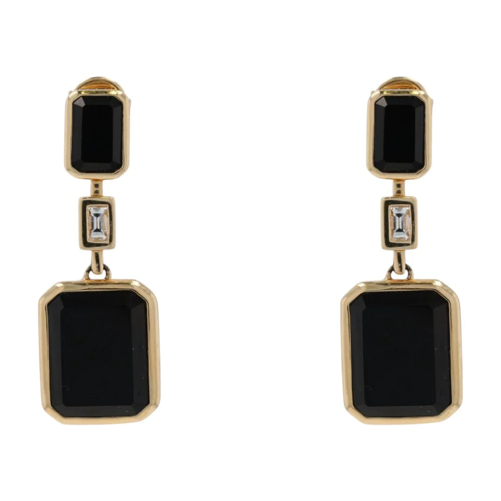 14K Gold Rectangle Black Onyx And Diamond Accent Dangle Earrings