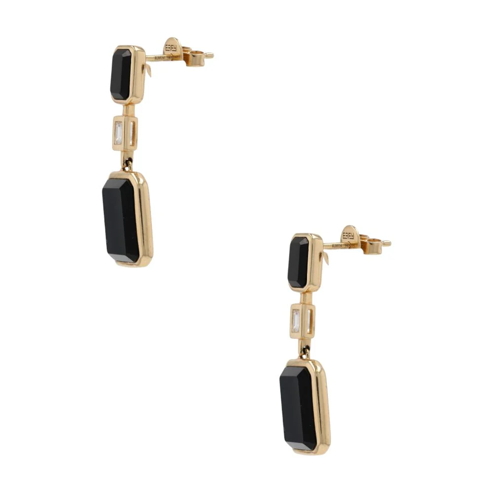 14K Gold Rectangle Black Onyx And Diamond Accent Dangle Earrings - Image 2