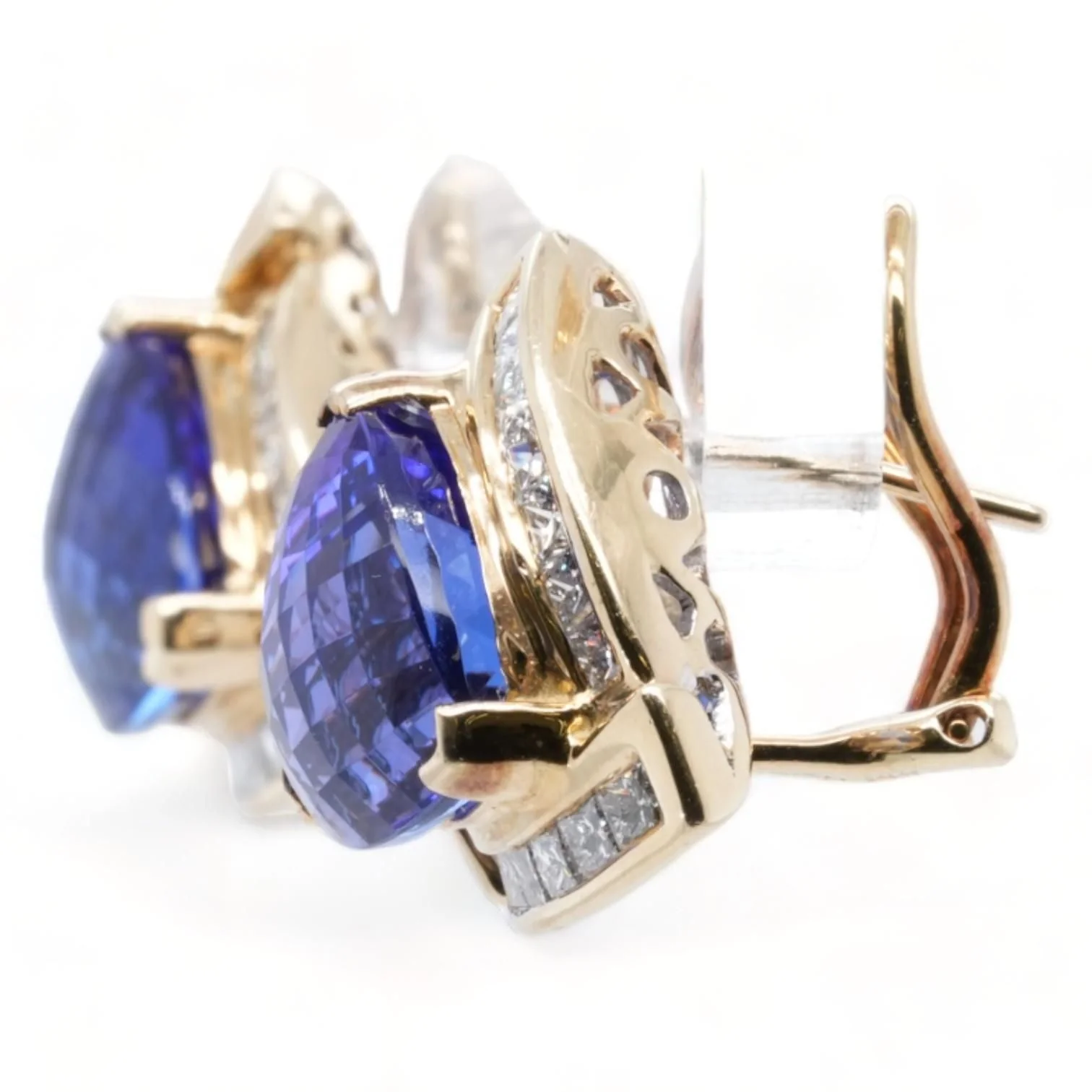 14K Gold Triangle Tanzanite With Diamond Halo Stud Earrings - Image 2