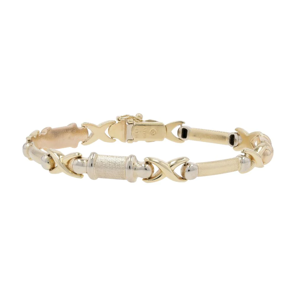 14K Gold X's And Textured Bar Link Bracelet