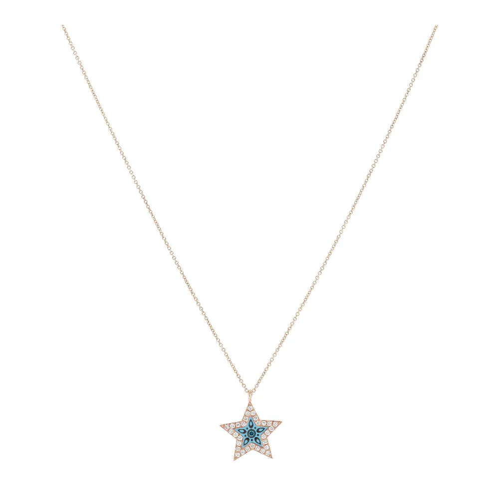 14K Rose Gold Blue Enamel Star With Blue And White Diamond Accents Necklace