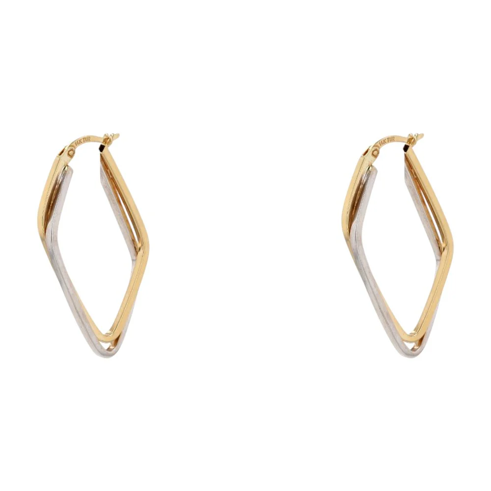 14K Two Tone Gold Double Twist Diamond Shaped Hoop Earrings