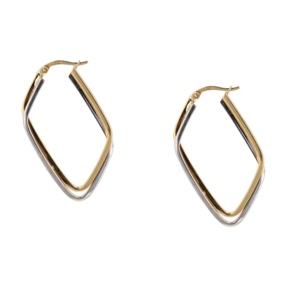 14K Two Tone Gold Double Twist Diamond Shaped Hoop Earrings - Image 2