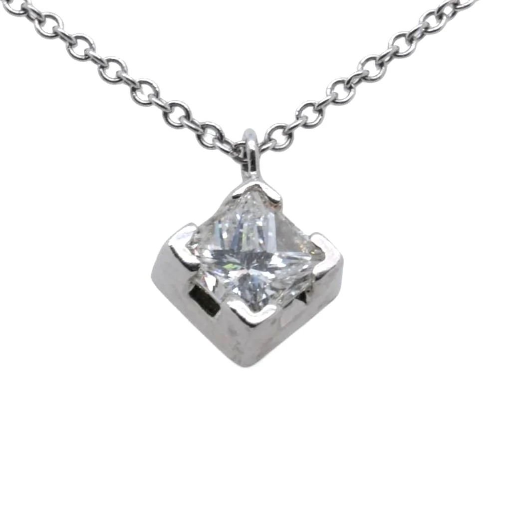 14K White Gold Diagonal Fancy Cut Square Diamond Pendant Necklace - Image 2