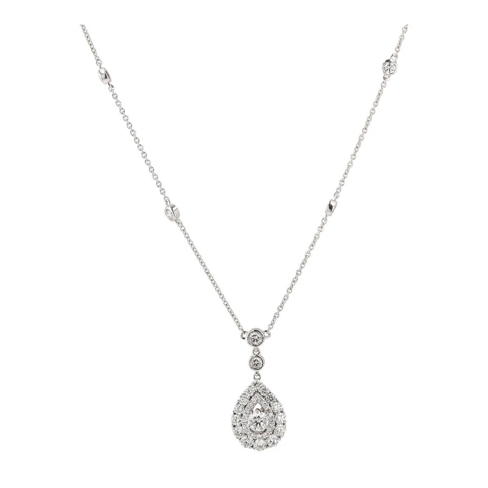 14K White Gold Diamond Accented Chain With Round Diamond Halo Pendant Necklace
