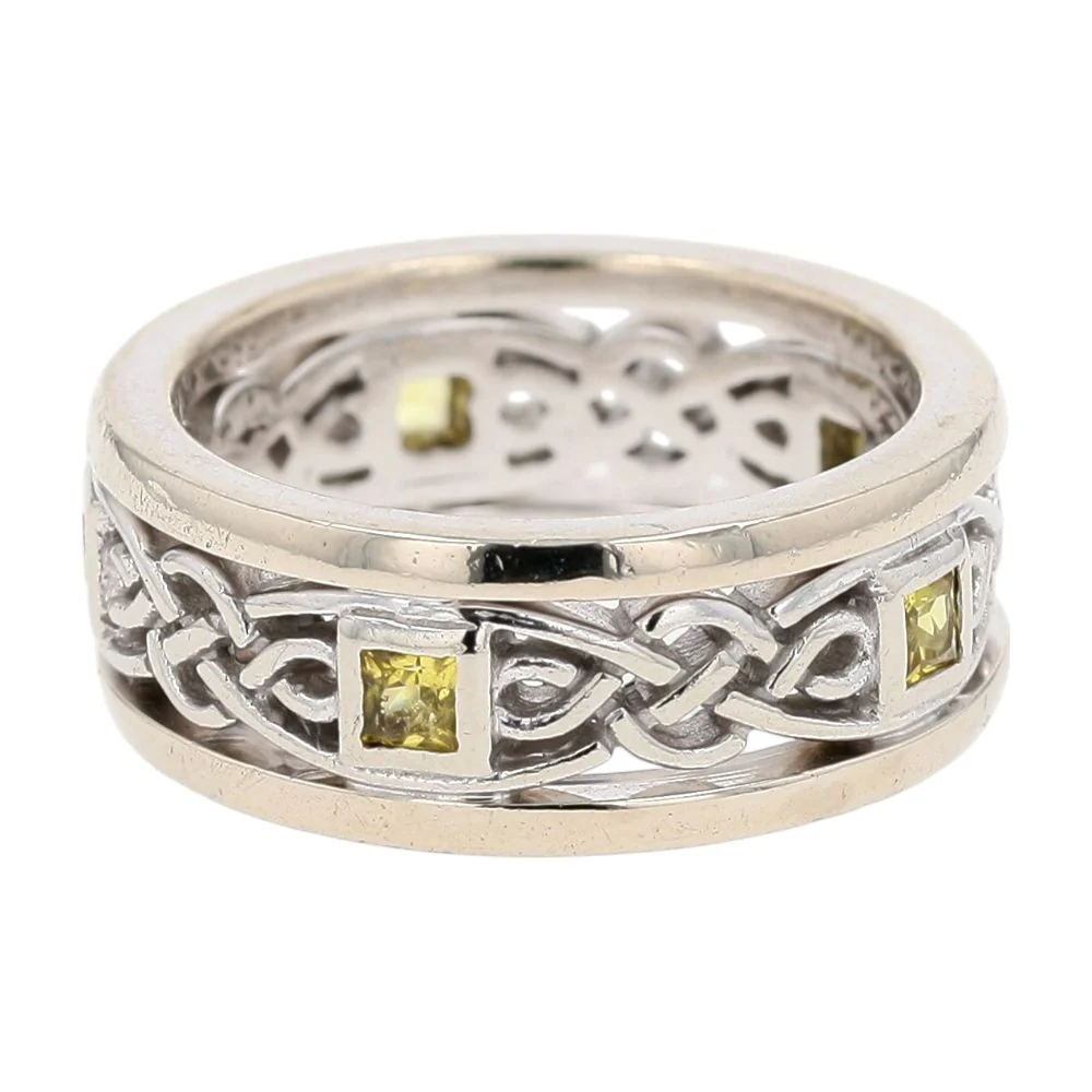 14K White Gold Open Work Celtic With Square Yellow Stones Band