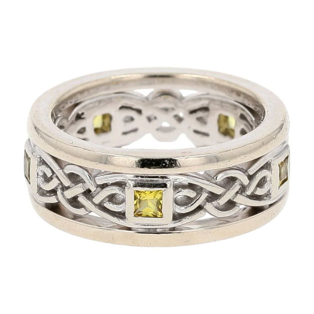 14K White Gold Open Work Celtic With Square Yellow Stones Band - Image 2