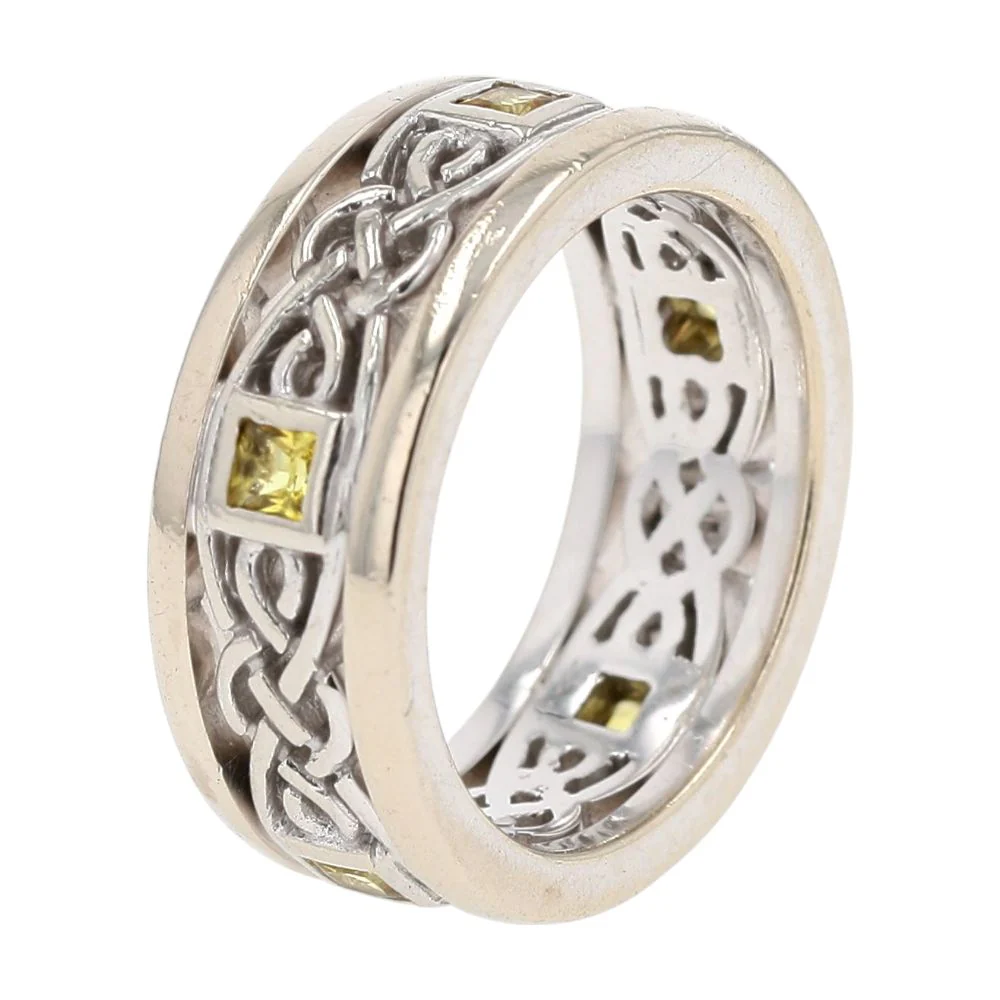 14K White Gold Open Work Celtic With Square Yellow Stones Band - Image 3