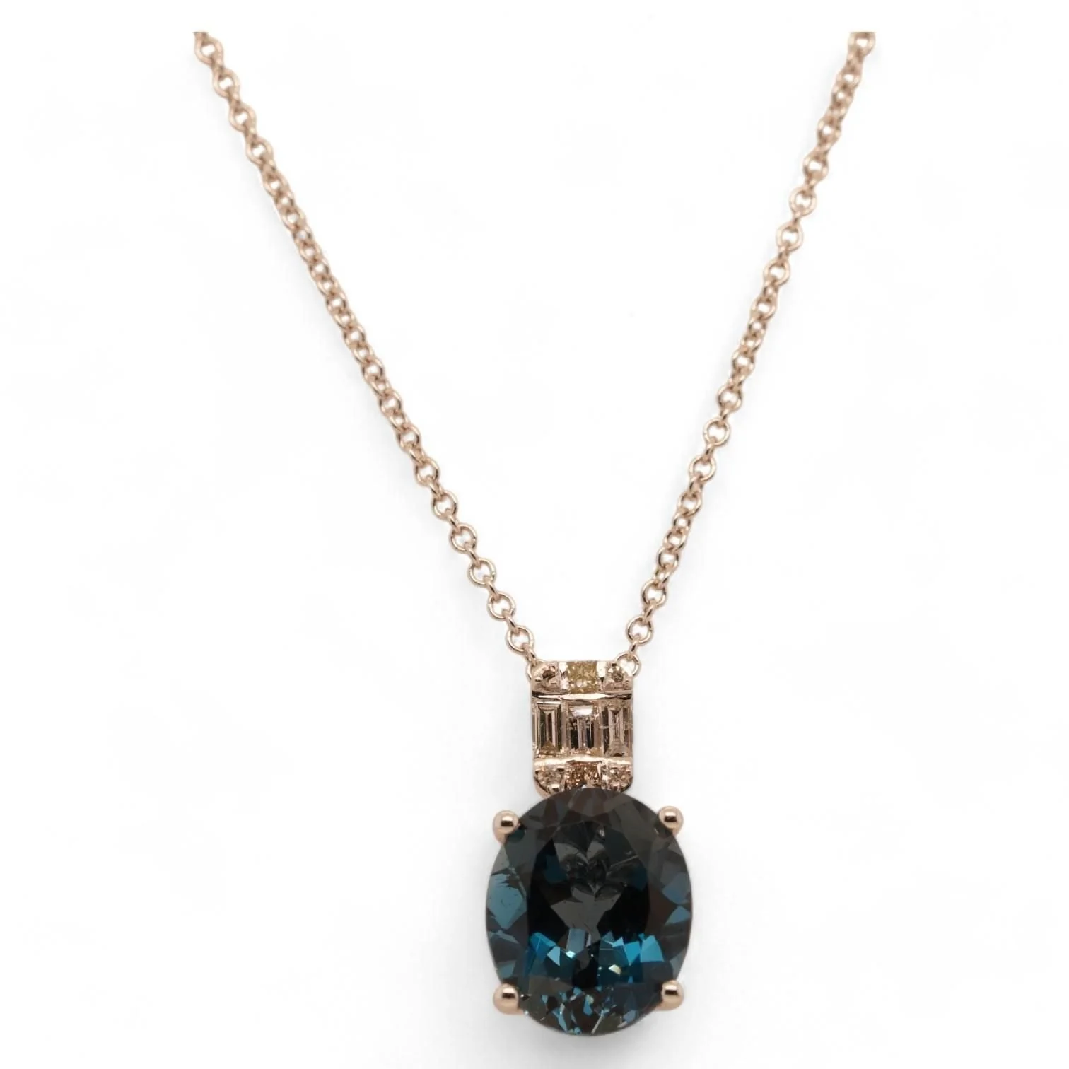 14K White Gold Oval Blue Topaz With Diamond Accents Pendant Necklace
