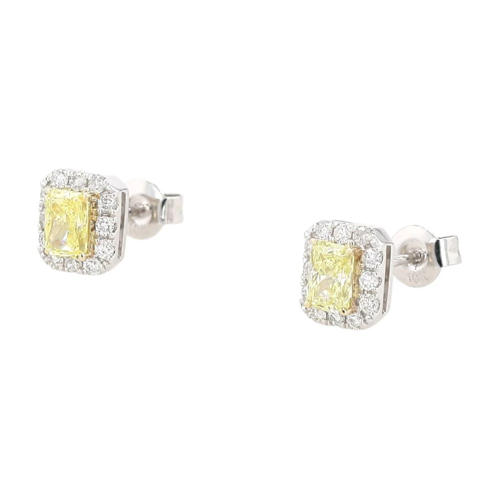 14K White Gold Radiant Cut Yellow Lab Grown Diamond With Halo Stud Earrings - Image 2