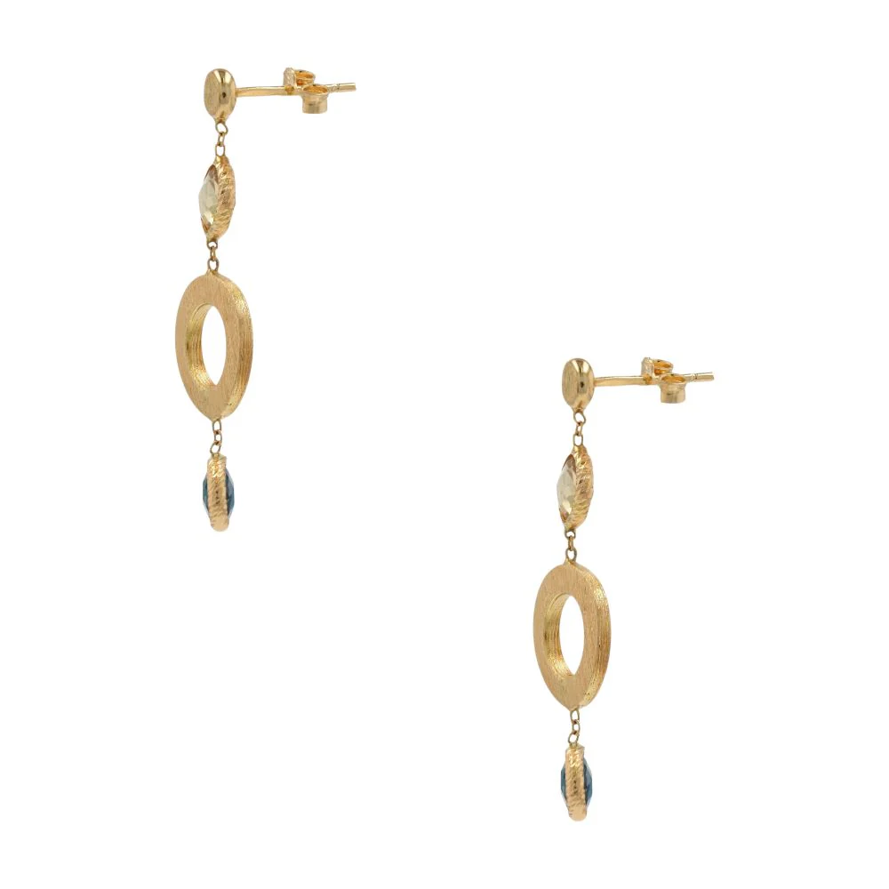 18K Gold Citrine, Blue Topaz Brushed Finish And Faceted Circle Dangle Earrings - Image 2