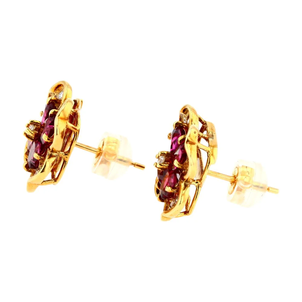 18K Gold Rhodolite Flower Stud Earrings W/ Diamond Accents & Heart Cut Garnet - Image 2