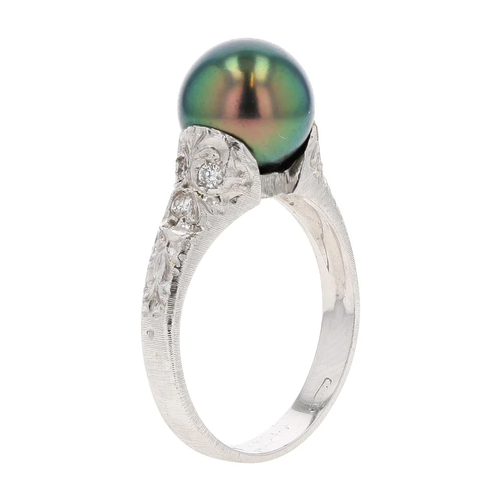 18K White Gold Tahitian Pearl Florentine With Diamond Accents Cocktail Ring - Image 5