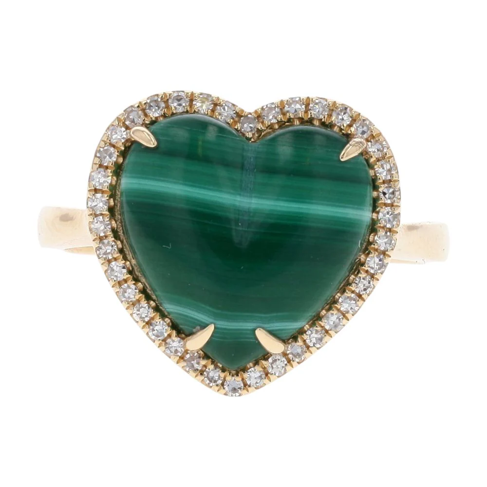 5.00 Ct 14K Gold Malachite Heart With Diamond Accented Halo Cocktail Ring