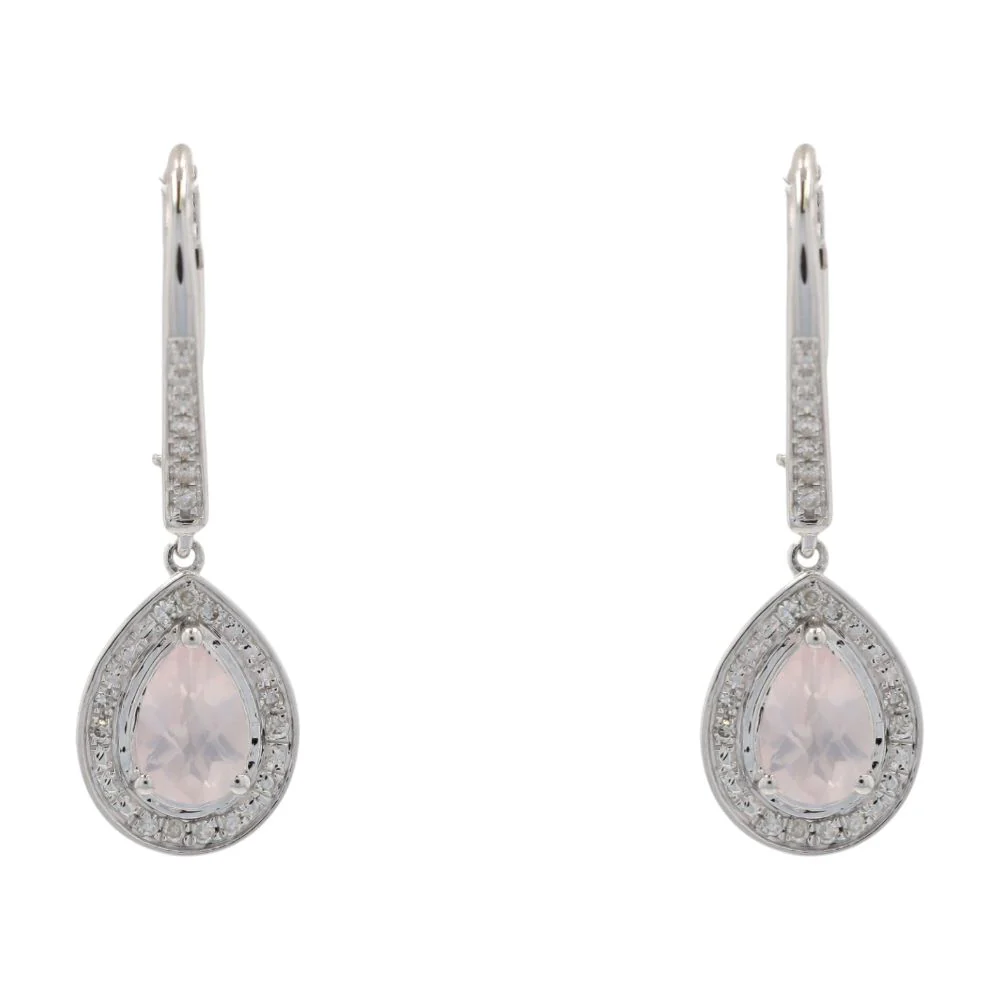 .50 Ct 10K White Gold Pear Cut Rose Quartz With Diamond Accents Dangle Earrings