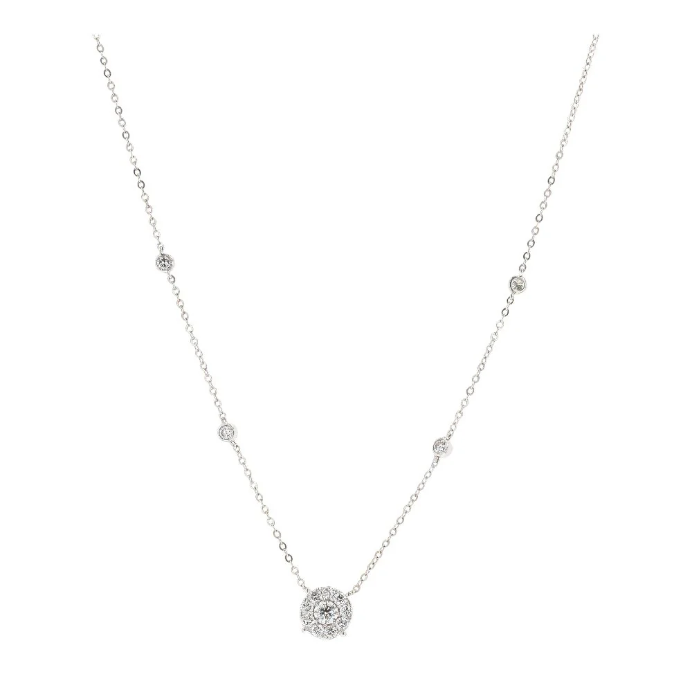 .60 Ct 14K White Gold Station Diamonds With Cluster Center Pendant Necklace