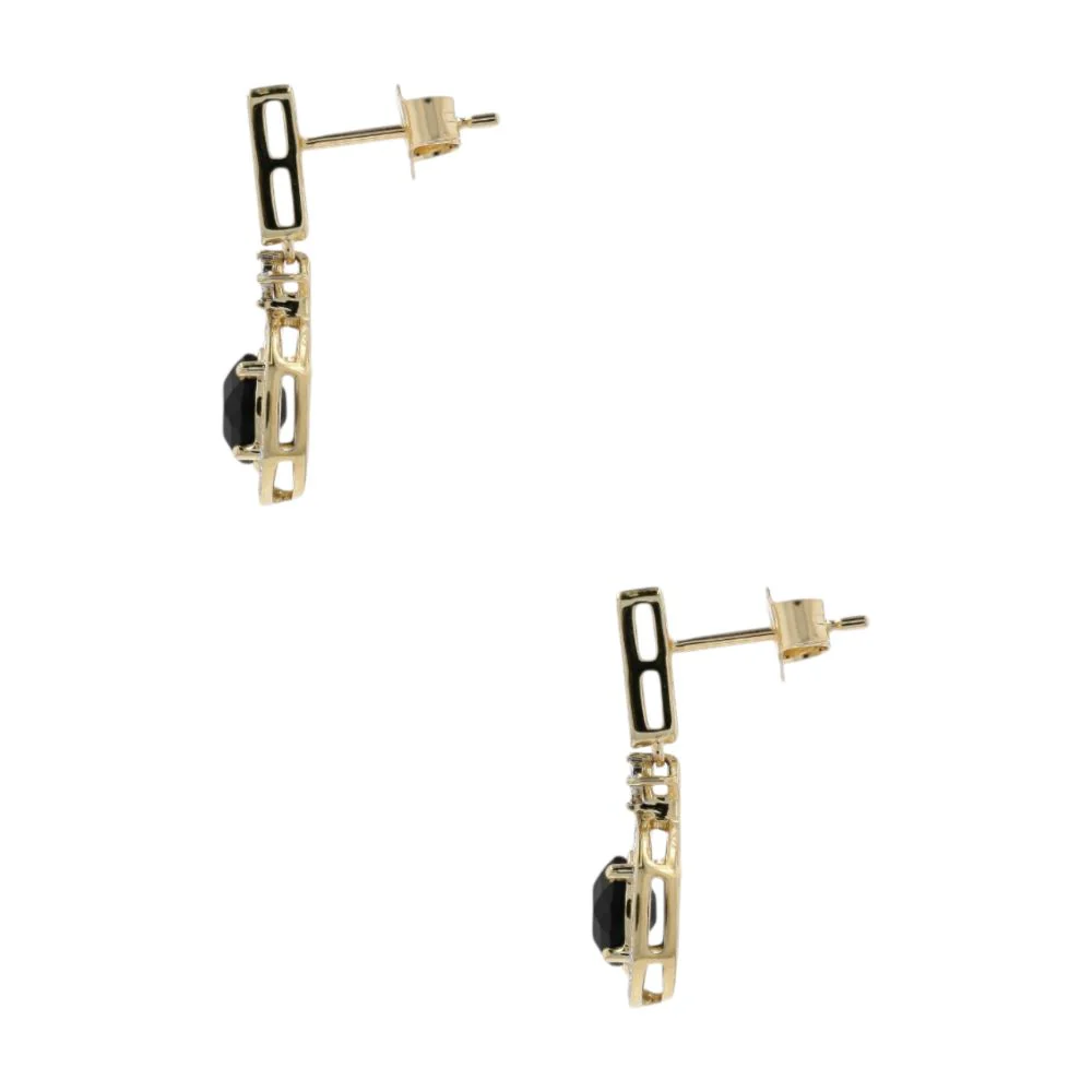 .90 Ct 10K Gold Onyx With Diamond Halo Drop Earrings - Image 2