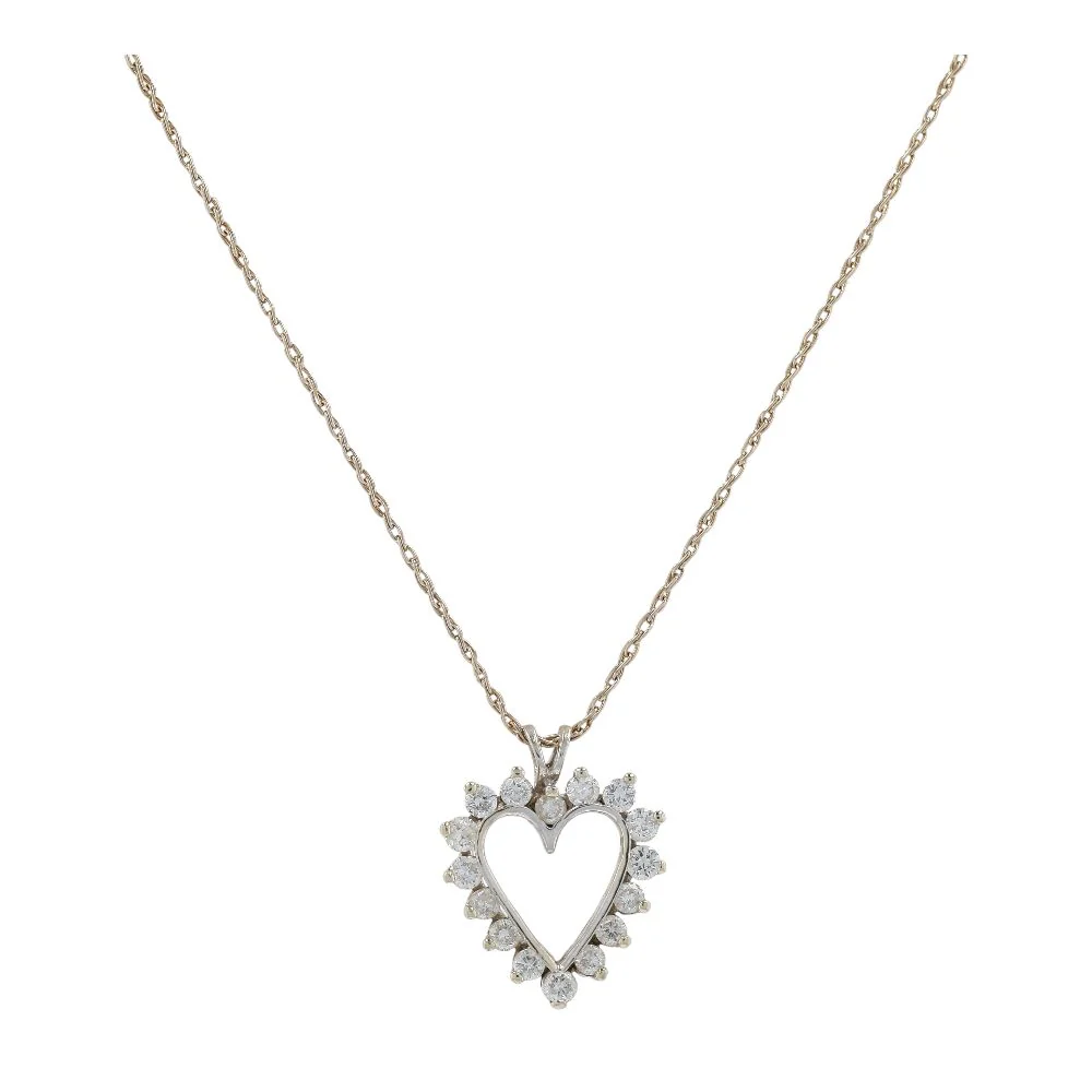 .90 Ct 14K White Gold Round Diamond Open Halo Heart Pendant On Rope Chain