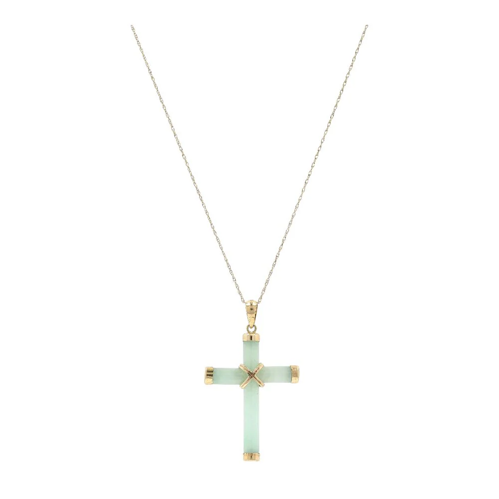 Green Stone Cross Tipped In 14K Gold Pendant Necklace