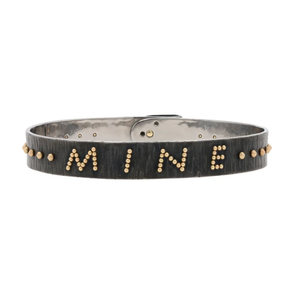 Large Stainless Steel MINE With 14K Accents Bangle Bracelet