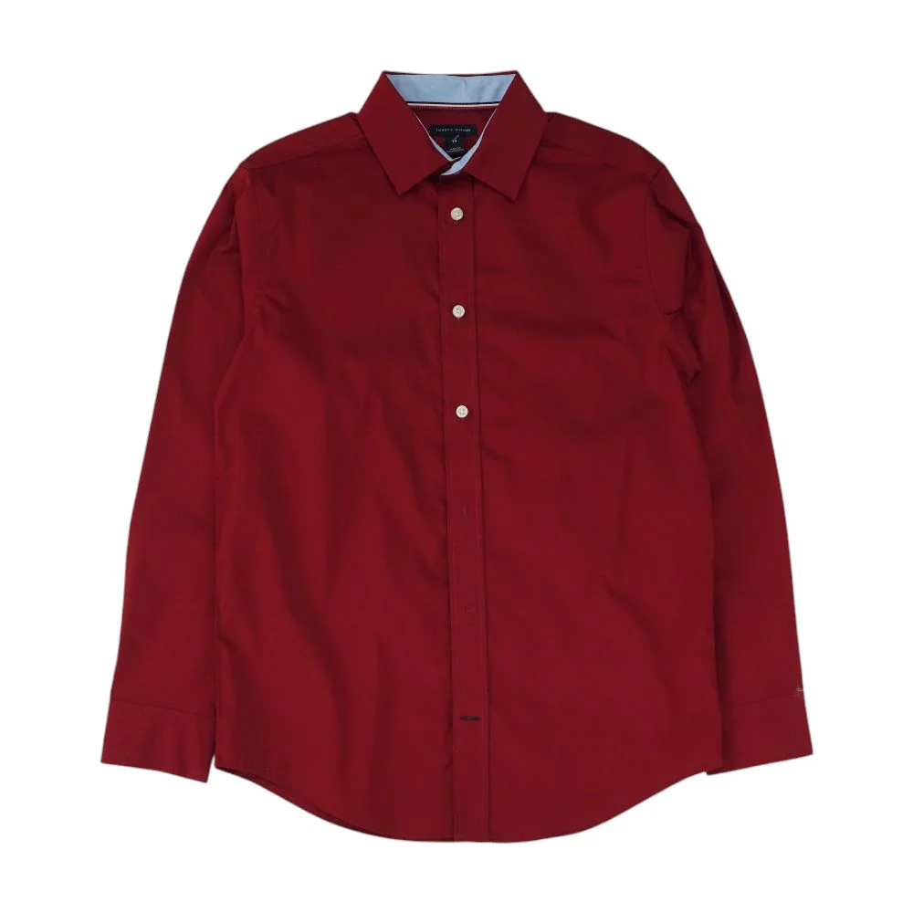 Red Solid Long Sleeve Button Down
