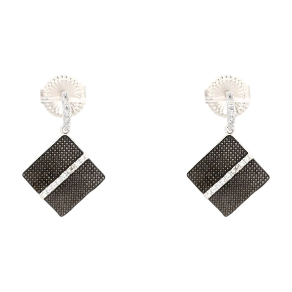 Sterling Silver Flat Square With Black Rhodium Drop Earrings